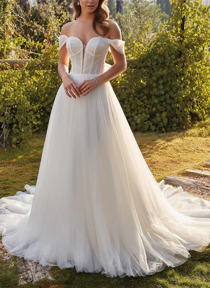 Sweetheart Sweep Train Tulle Ball-Gown Wedding Dresses Off Shoulder Floor Length Elegant