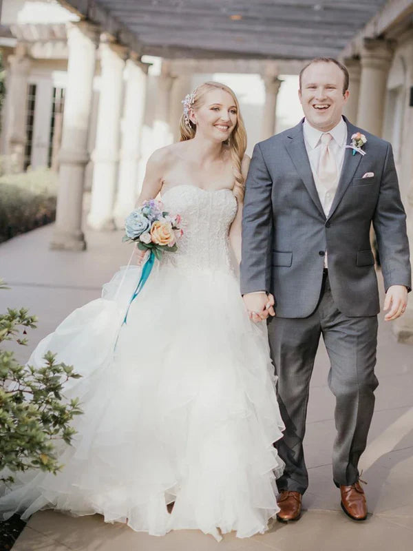 Simple Strapless Off-The-Shoulder Tulle Tiered Princess Wedding Dresses Gowns Beautiful