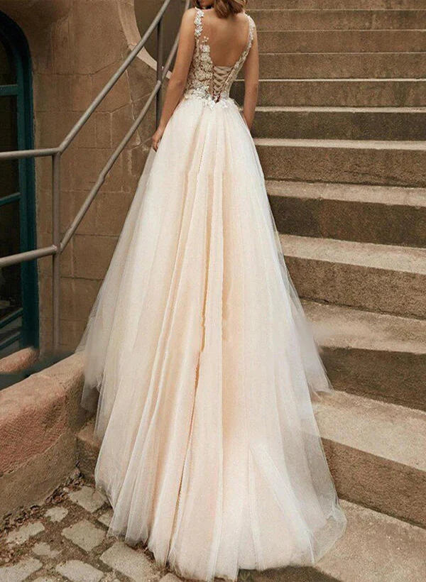 A-Line/Princess V Neck Tulle Lace Sweep Train Wedding Dresses With Lace Floor Length