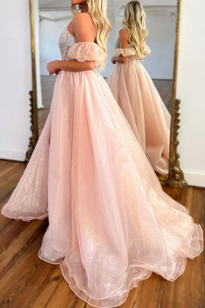 Pink A-Line Strapless Corset Beaded Prom Dress Off Shoulder With Slit Charming