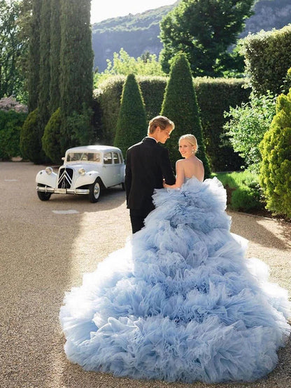 Drama Ball Gown Wedding Dress Blue Tiered Tulle Wedding Dress Off Shoulder Elegant