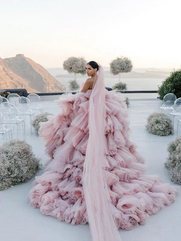 Layers Tulle Ball Gown Wedding Dress Drama Pink Wedding Dress Off Shoulder Without Wedding Veil