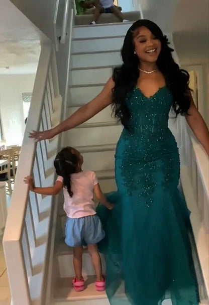 Wholesale Dark Green Mermaid Tulle Lace Prom Dress Winter Formal Gown Charming Evening Dress