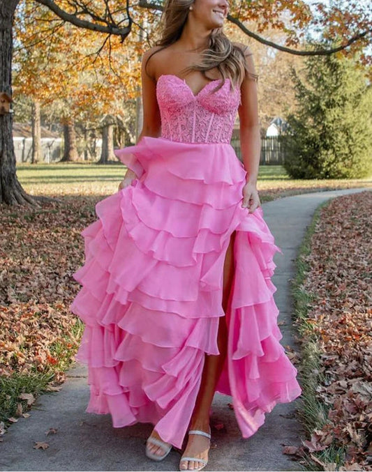 Aimishang Hot Pink A-Line Sweetheart Chiffon Tiered Long Prom Dresses with Appliques Charming Wholesale
