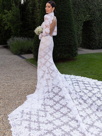 High Neck Boho Rustic Lace Wedding Dresses Vintage Sheath Wedding Dress with Train Elegant Without Wedding Veil