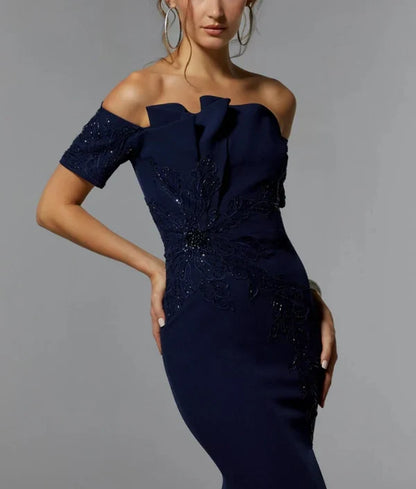 Mermaid Off Shoulder Floor-length Wedding Guest Dresses Sequins Beaded Mother of the Bride Dress With Slit Elegant