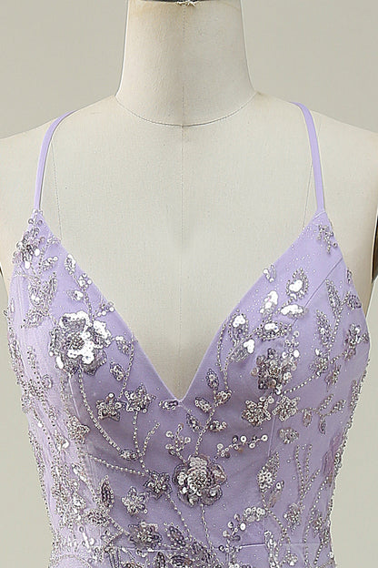 Mermaid Spaghetti Straps Purple Long Prom Dress with Beading V-neck With Slit