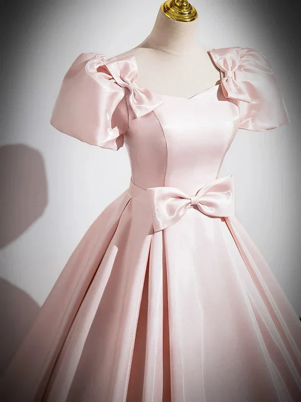A-Line Satin Pink Quinceanera Dress Long Prom Dress With Bows Short Sleeves