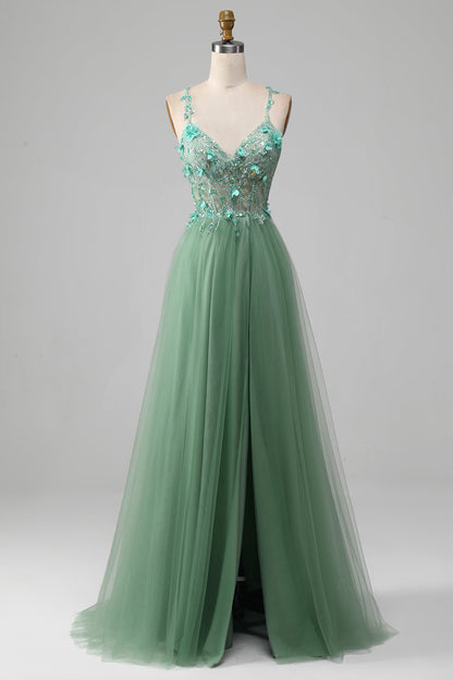 Sparkly Green A-Line Spaghetti Straps Corset Prom Dress With Appliques Beautiful With Slit