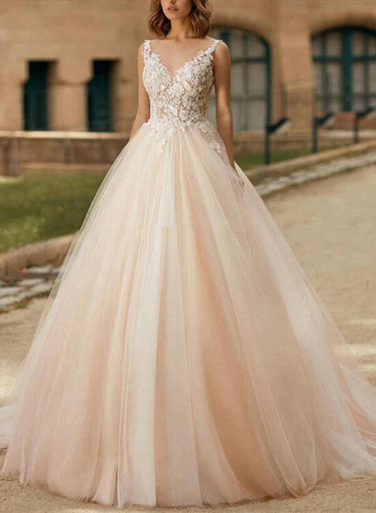 A-Line/Princess V Neck Tulle Lace Sweep Train Wedding Dresses With Lace Floor Length