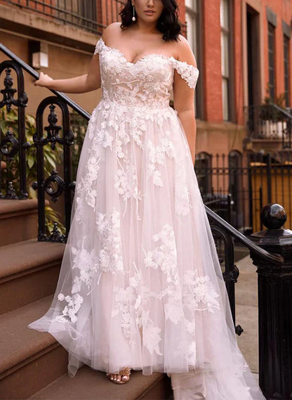 Off-The-Shoulder Tulle Lace Wedding Dress With Appliques Lace Floor Length Elegant