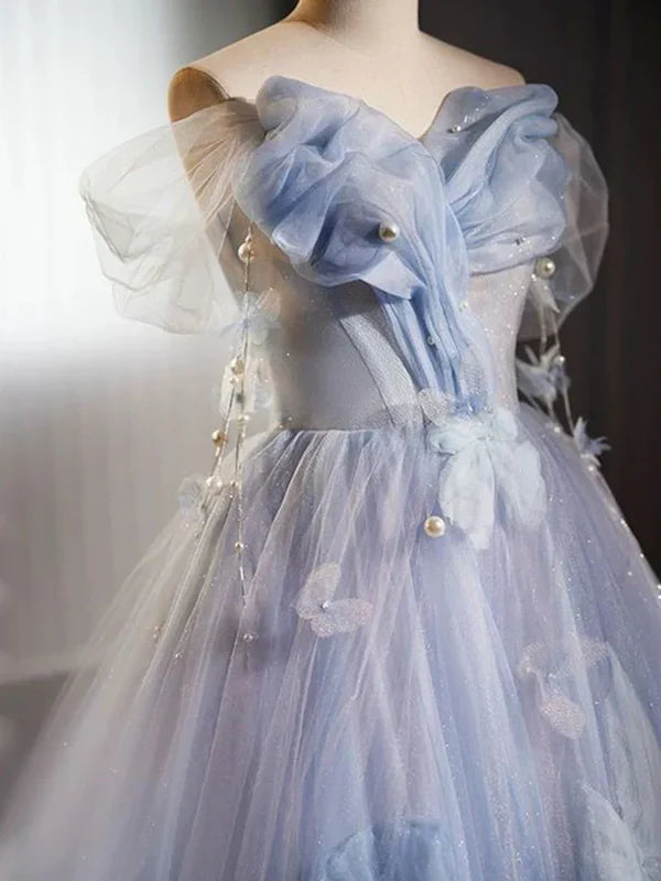 Glitter A-Line Off Shoulder Tulle Flower Quinceanera Dress Blue Long Prom Dress Beautiful