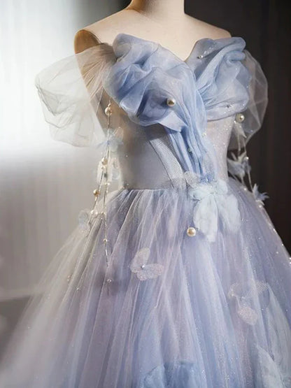 Glitter A-Line Off Shoulder Tulle Flower Quinceanera Dress Blue Long Prom Dress Beautiful