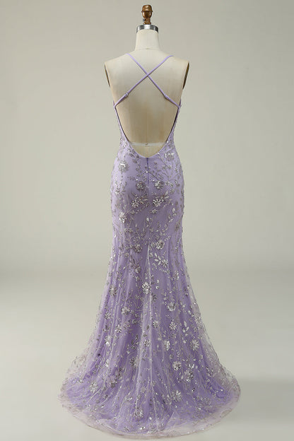 Mermaid Spaghetti Straps Purple Long Prom Dress with Beading V-neck With Slit