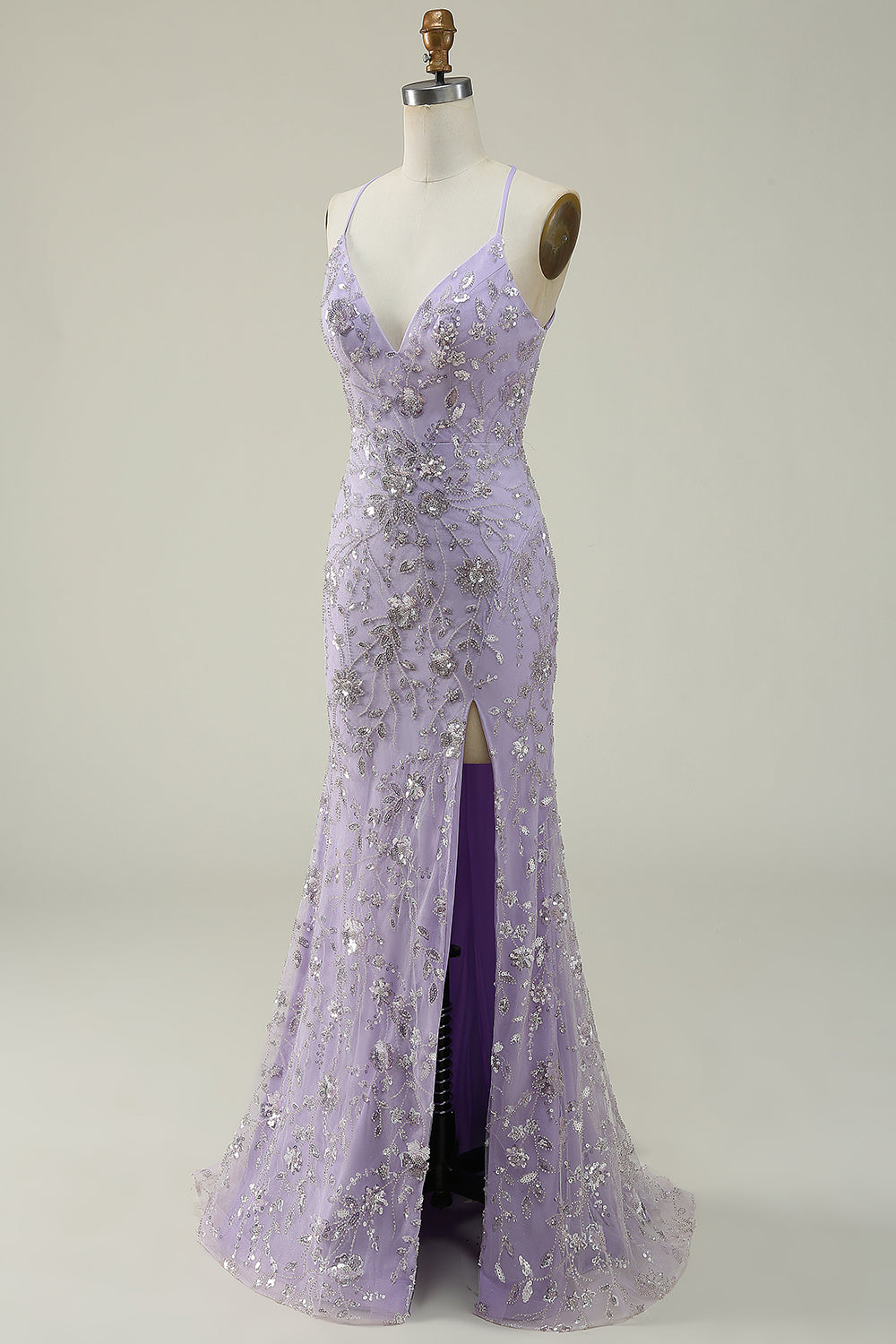 Mermaid Spaghetti Straps Purple Long Prom Dress with Beading V-neck With Slit