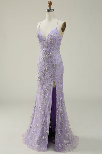 Mermaid Spaghetti Straps Purple Long Prom Dress with Beading V-neck With Slit