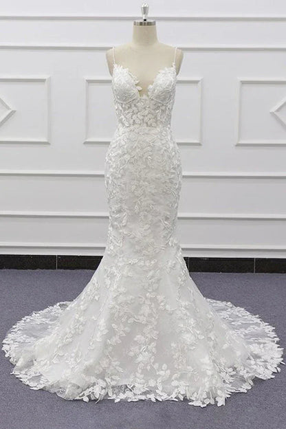 White Tulle Wedding Dress Lace Appliques Spaghetti Straps Mermaid Bridal Dress Open Back
