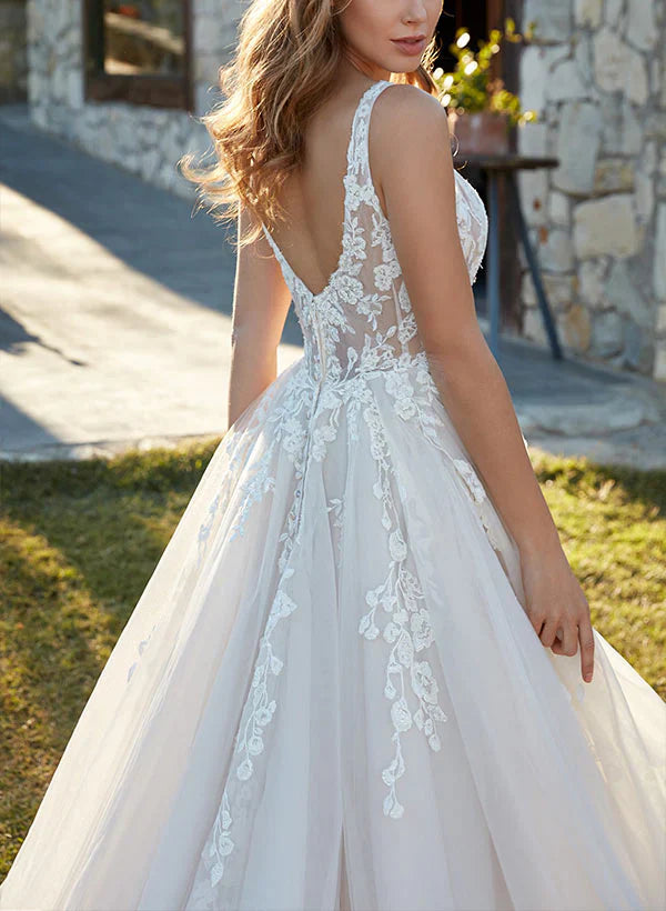 V-Neck Sweep Train Tulle Wedding Dress With Lace Sleeveless Floor Length Elegant