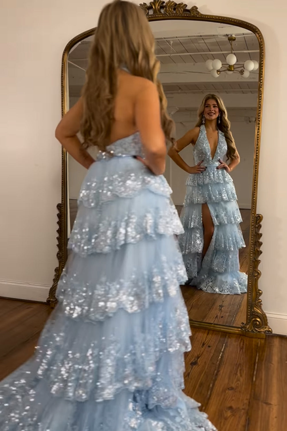 Sparkly Light Blue Halter Backless Lace Tiered Long Prom Dress With Slit V-neck Sexy