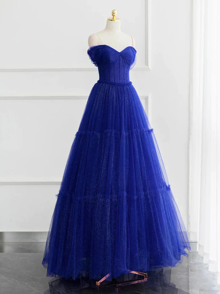 Burgundy A-line Off Shoulder Tulle Shiny Long Prom Dress Charming Evening Dress Wholesale