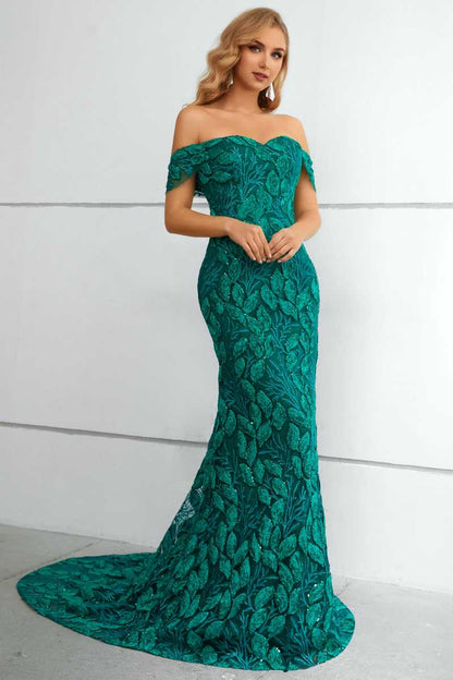 Green Lace Off-the-Shoulder Mermaid Long Formal Gown