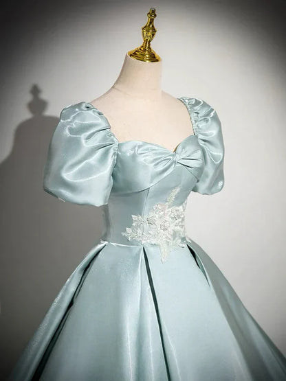 A-Line Sweetheart Neck Puff Sleeves Satin Quinceanera Dress Blue Long Prom Dress Elegant Evening Dress