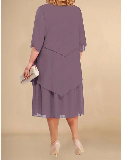 Plus Size Party Dress Layered Crew Neck Half Sleeve Midi Dress Vacation Party Navy / Dark Blue Black Spring Fall Mother of the Bride Dress