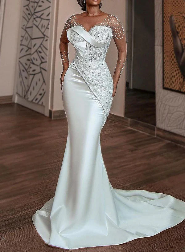 Trumpet Mermaid V Neck 3/4 Sleeves Lace Satin Wedding Dresses With Beading Appliques Lace