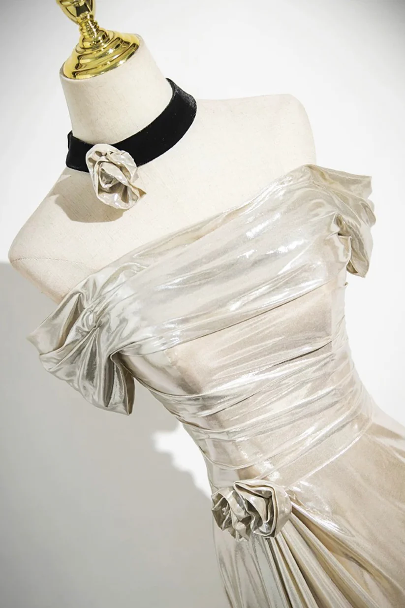 Champagne Off The Shoulder Satin Party Dress, Elegant Mermaid Evening Dress cc2647