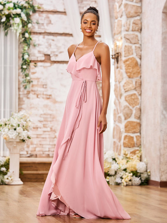 Spaghetti Strap Short Front Long Back Chiffon Dresses Dusty Rose