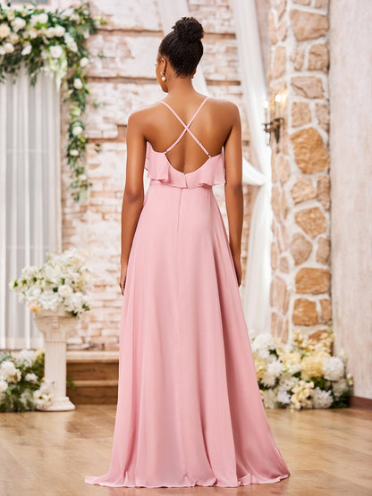 Spaghetti Strap Short Front Long Back Chiffon Dresses Dusty Rose