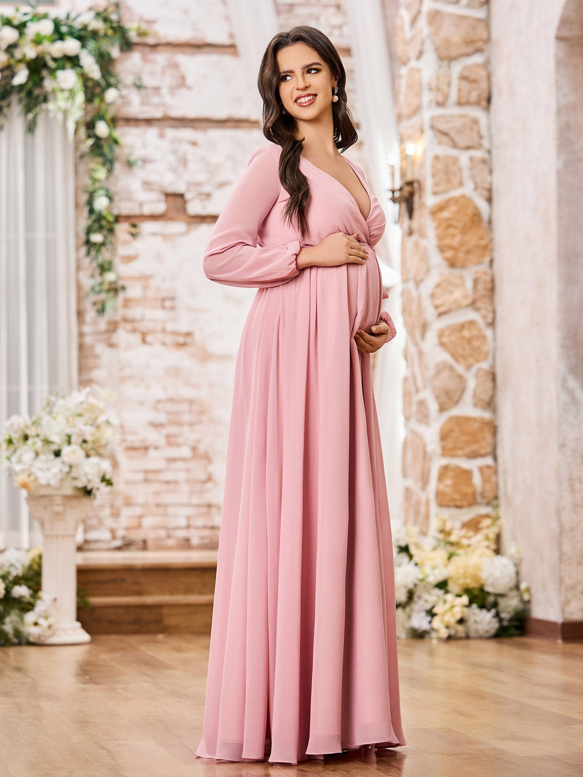 A-line V-neck Long Sleeves Chiffon Dresses with Slit Dusty Rose