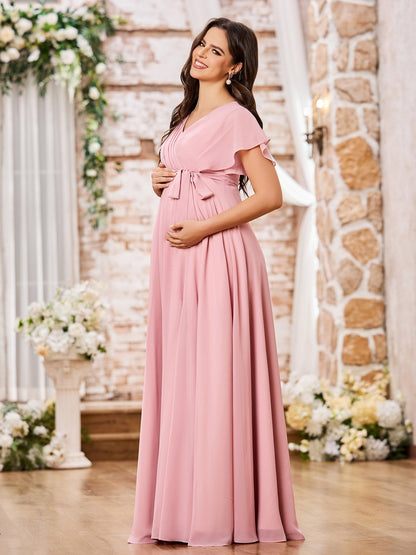 V-neck A-line Cap Sleeves Chiffon Maxi Dresses with Slit Dusty Rose