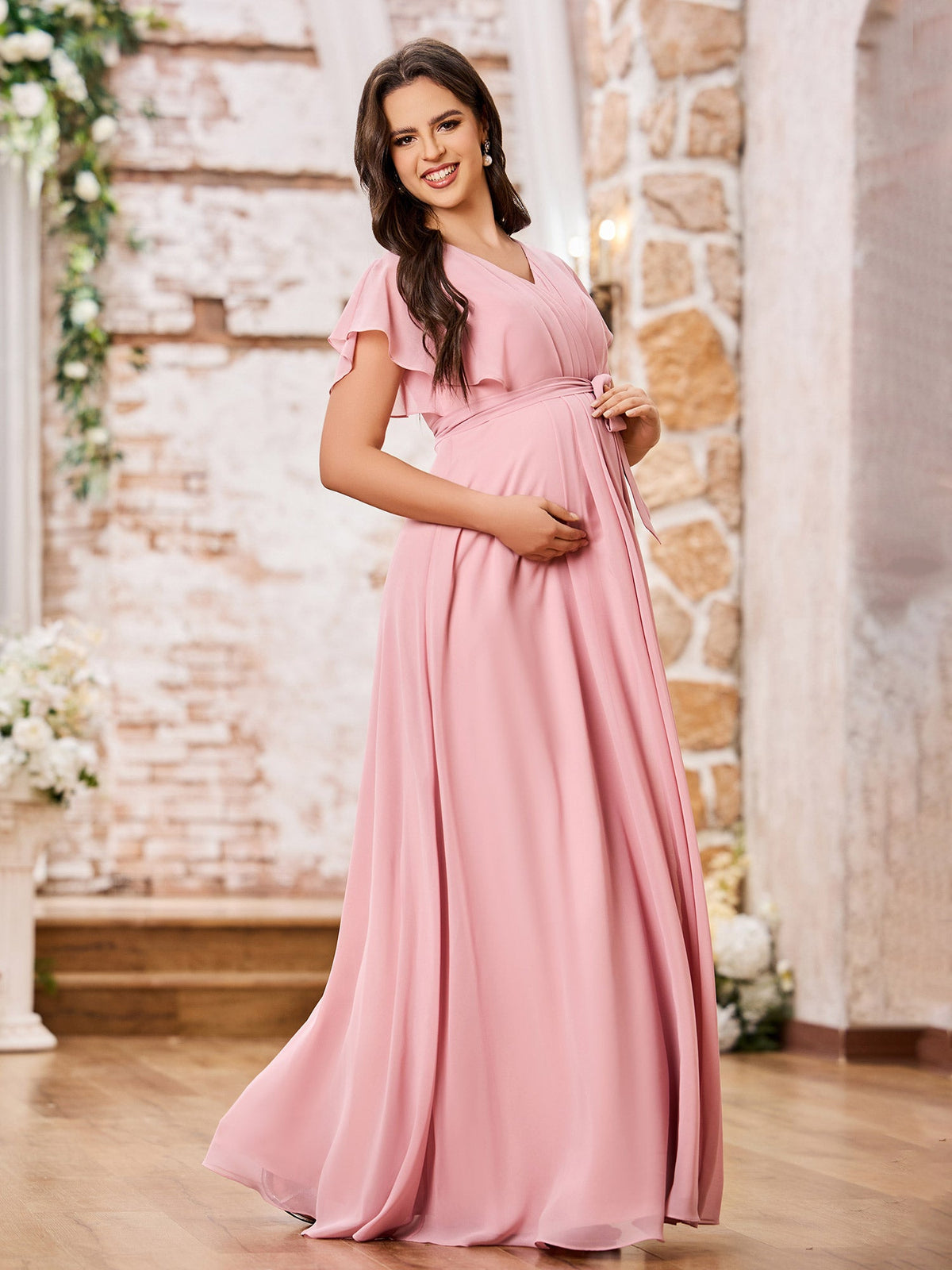 V-neck A-line Cap Sleeves Chiffon Maxi Dresses with Slit Dusty Rose