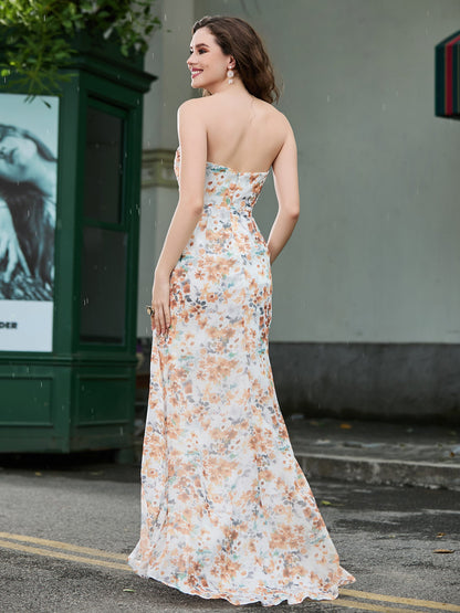 Sweetheart Sheath Chiffon Dress With Slit Sunset Floral
