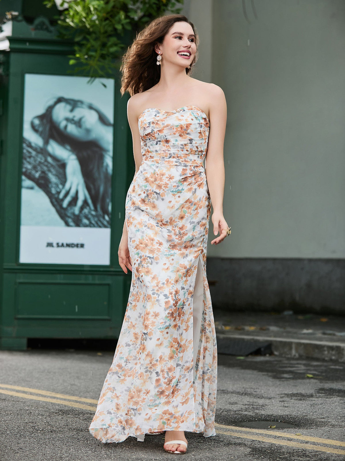 Sweetheart Sheath Chiffon Dress With Slit Sunset Floral