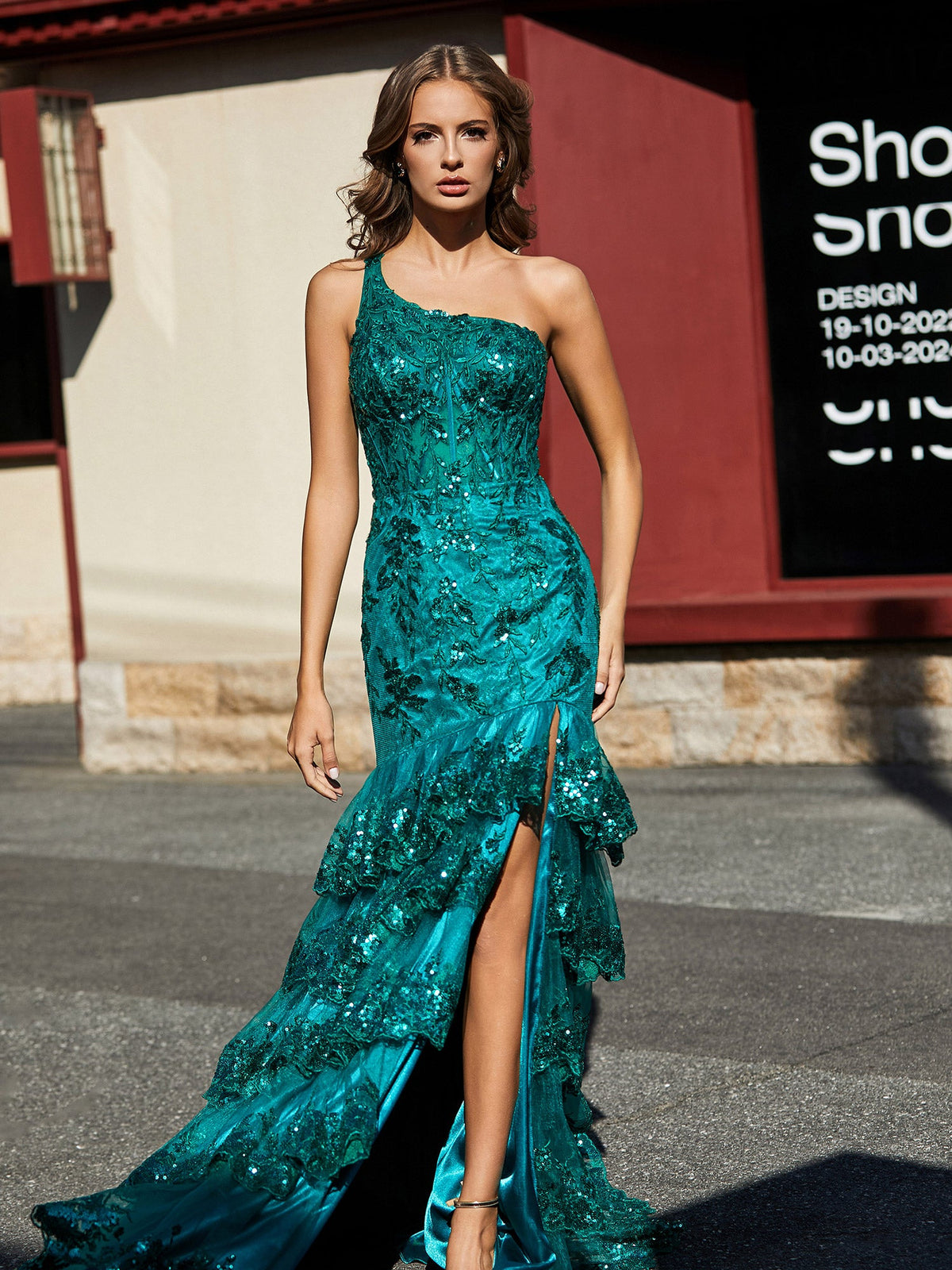 One Shoulder Ruffle Tiered Tulle Gown Dark Green