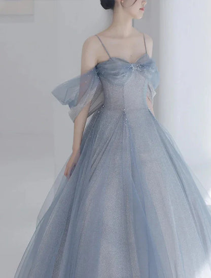Ball Gown Party Dresses Glittering Dress Wedding Guest Prom Floor Length Sleeveless Off Shoulder Tulle with Glitter Beautiful
