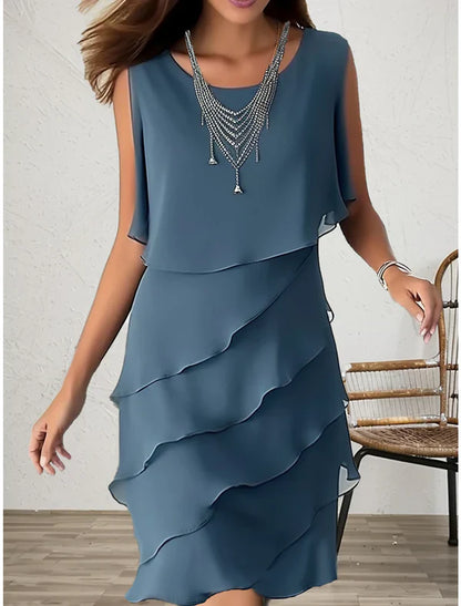Party Dress Cocktail Dress Wedding Guest Dress Midi Dress Blue Sleeveless Pure Color Ruffle Summer Spring Fall Crew Neck Fashion Wedding Guest Mother of the Bride Dress