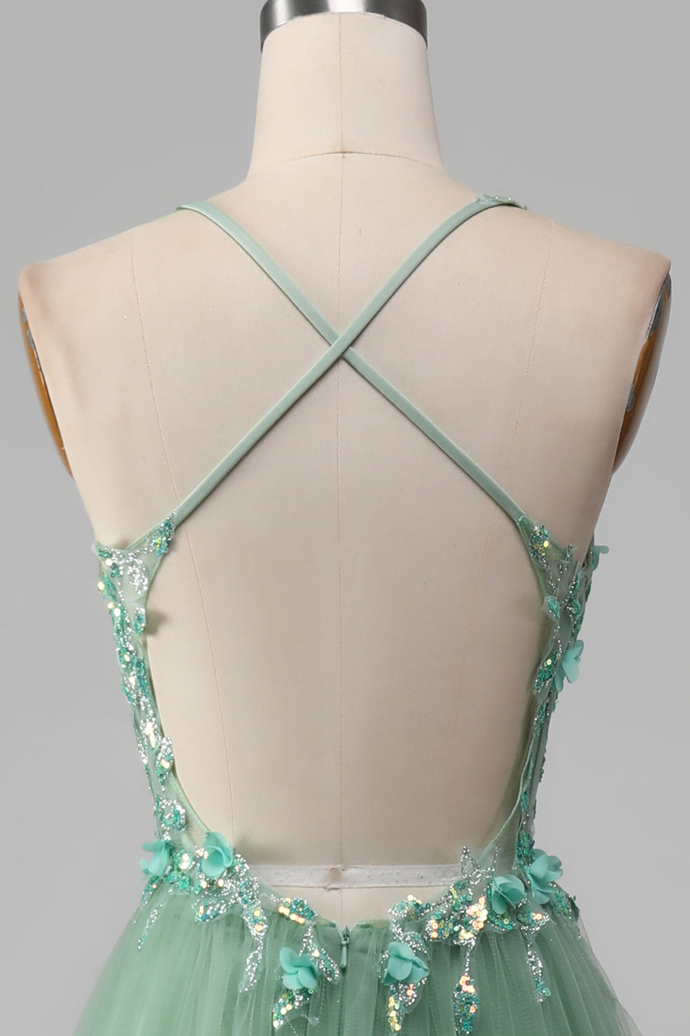 Sparkly Green A-Line Spaghetti Straps Corset Prom Dress With Appliques Beautiful With Slit
