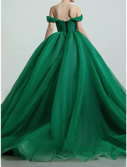 Ball Gown Prom Dresses Luxurious Dress Quinceanera Prom Sweep / Brush Train Short Sleeve Off Shoulder Organza with Sleek Pleats Elegant