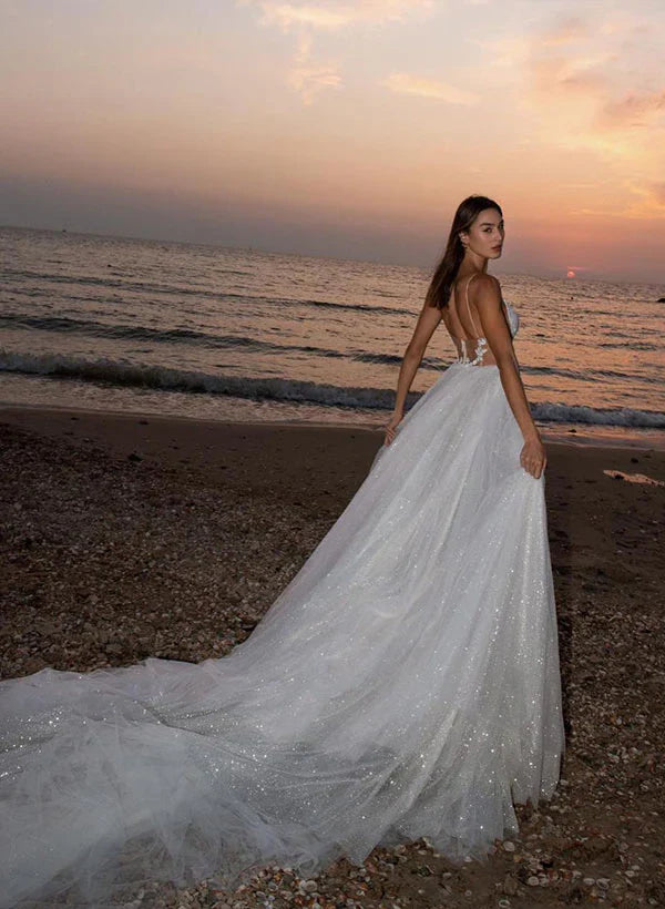 A-Line Scoop Neck Sweep Train Tulle Wedding Dress With Appliques Lace Sparkly