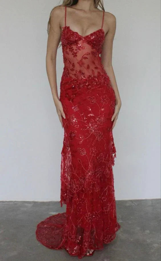 Aimishang Elegant Formal Dress Gowns Sheath Spaghetti Straps Red Sparkly Long Prom Dresses Charming Evening Party Dress