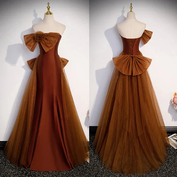 Mermaid Brown Tulle Satin Strapless Long Party Dress Formal Dress Prom Dress With Bow(s)