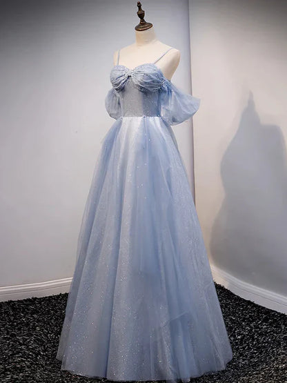 Glitter A-Line Princess Off Shoulder Tulle Gray Blue Long Prom Dress Sparkly Evening Dress