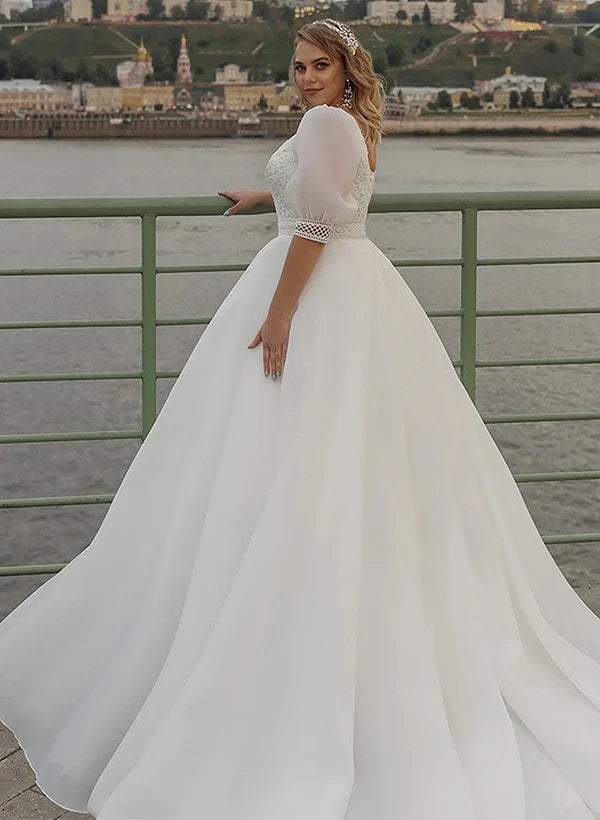 Boho Ball-Gown V-Neck Organza Wedding Dresses With Lace Appliques Sleeves Elegant