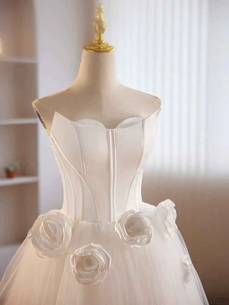Wholesale Strapless 3D Flower White Tulle Satin Short Prom Dress Homecoming Dress