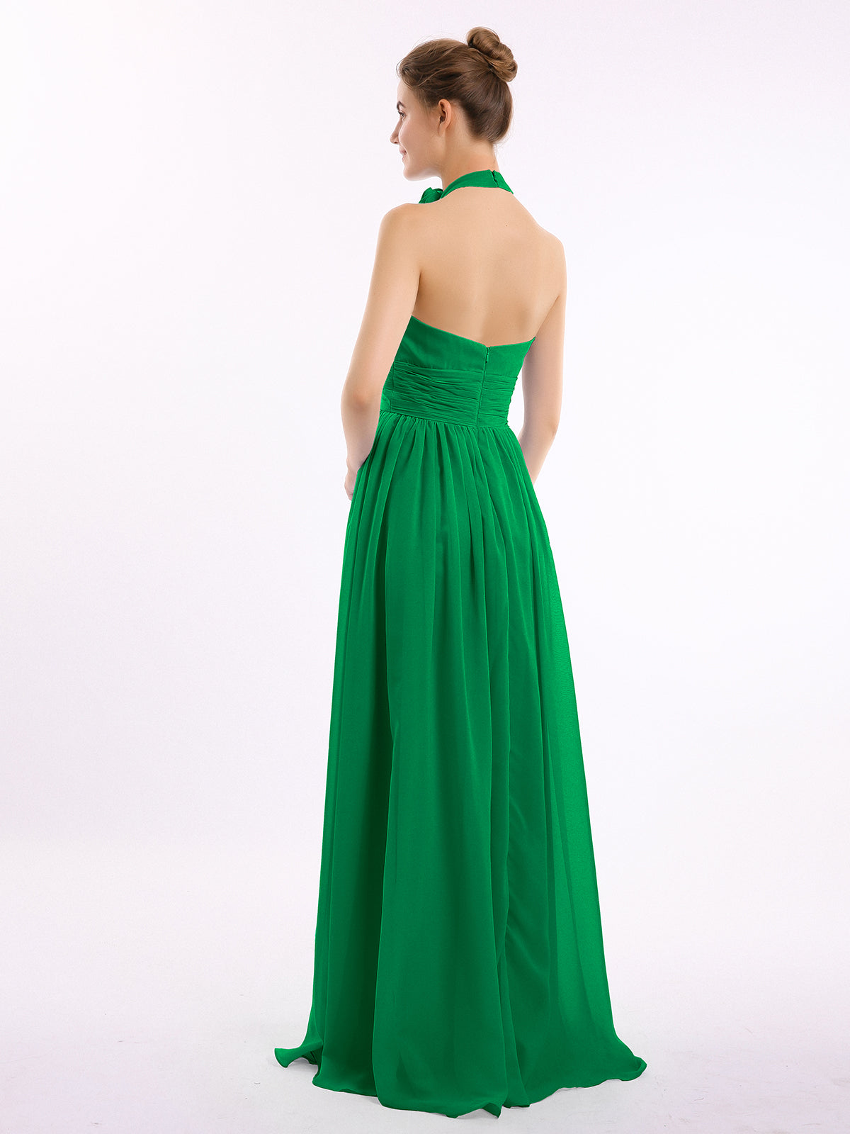 Halter Chiffon Full Length Dress with Flowers-Emerald