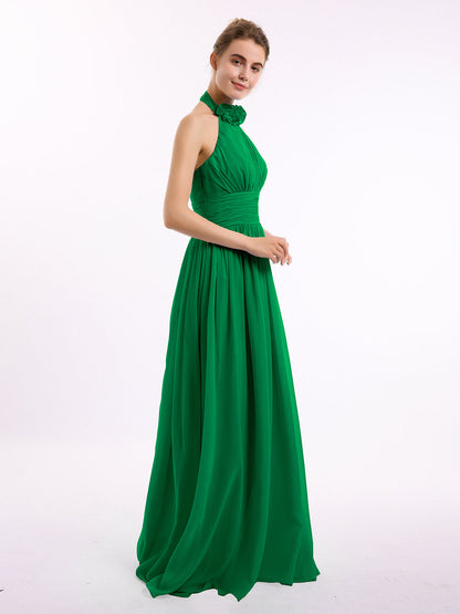 Halter Chiffon Full Length Dress with Flowers-Emerald