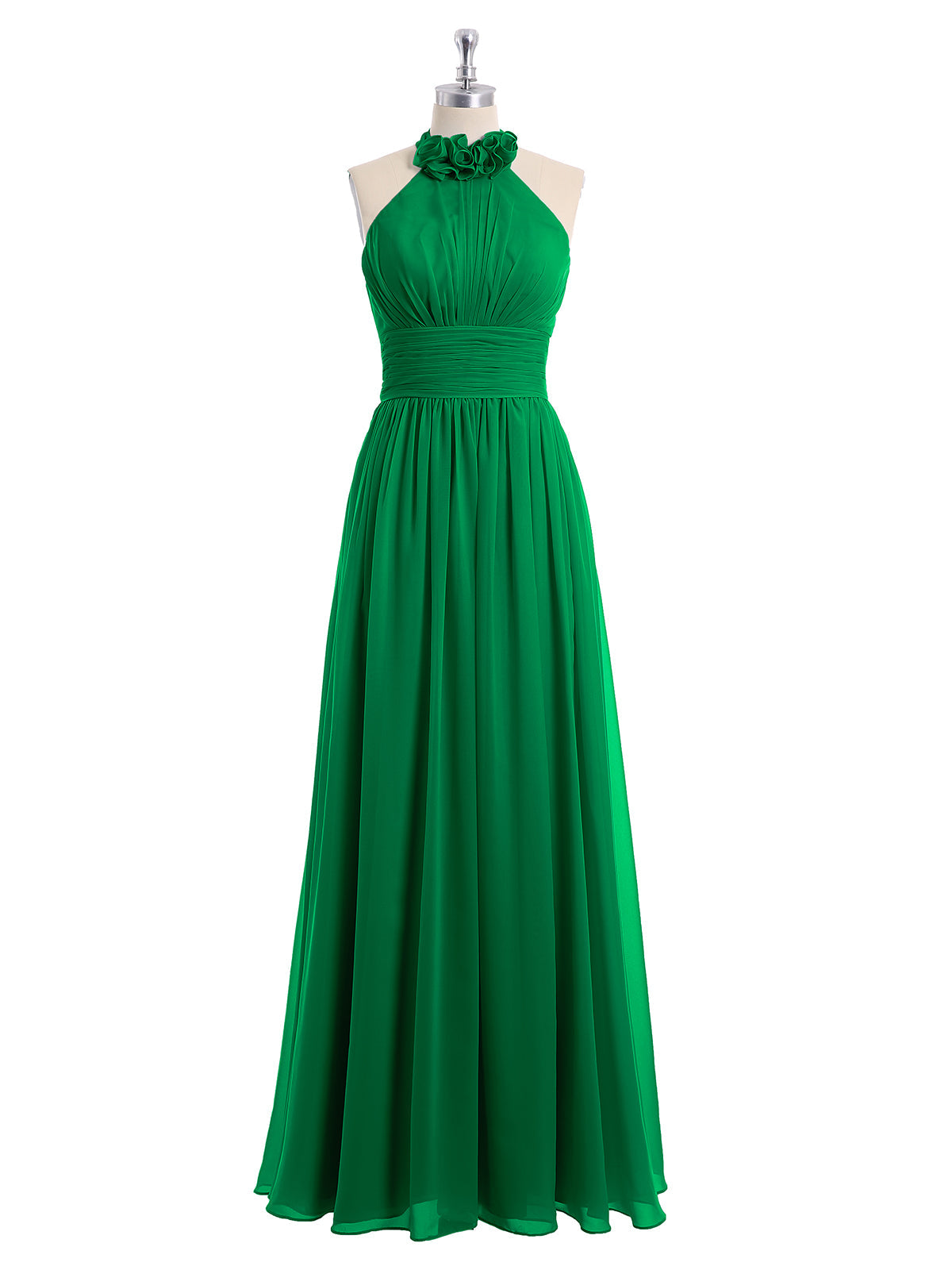 Halter Chiffon Full Length Dress with Flowers-Emerald